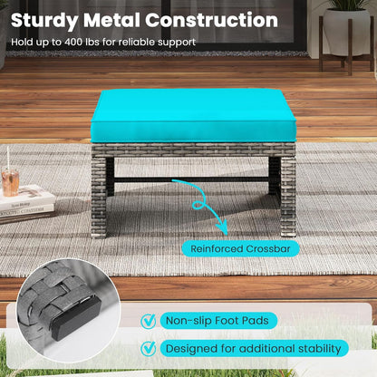 Tangkula 2 Pieces Patio PE Rattan Ottomans, Multipurpose Outdoor Footstool Footrest Additional Seating Side Table with Soft Zippered Cushions for Deck, Garden, and Yard (Turquoise)