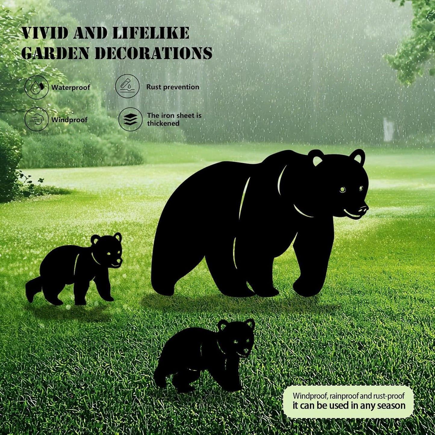 3 Pack Bear Metal Garden Decorative Stakes, Weather Proof Silhouette Statues for Yard, Patio,Outdoor Decor for Bear Lovers and Pet Owners