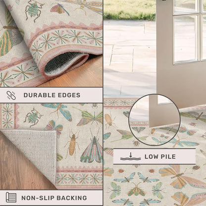 Neutral Girl Nursery Rug 4x6 - Beige & Pink Rugs for Bedroom, Living Room - Washable Low Pile Non-Slip Charming Insect Print Vintage Girly Design, Perfect for Kids Rooms