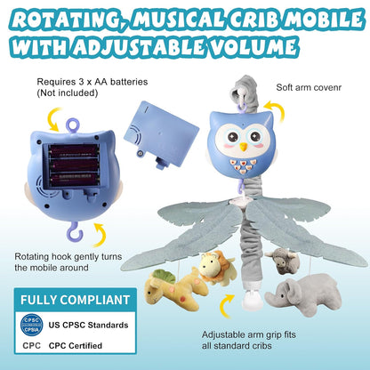 Baby Crib Mobile with Music and Lights for Boys Musical Mobile Animals for Crib Bassinet Girls Toys Hanging Portable Safari Nursery Decor Blue
