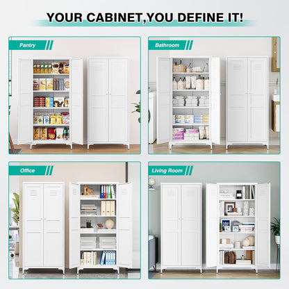SISESOL Metal Storage Cabinet with Doors and Shelves,White Storage Cabinet with Leg & Vent Hole,Food Pantry Cabinets,5 Tier Metal Pantry,Tall Large Cupboard for Home,Kitchen,Dining/Living/Laundry Room