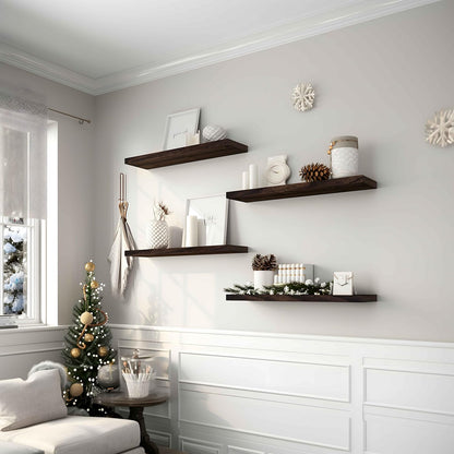 Wood Floating Shelves for Wall Decor, Rustic Wall Shelves for Bedroom Bathroom Kitchen Living Room, Set of 4 Walnut 24 Inch