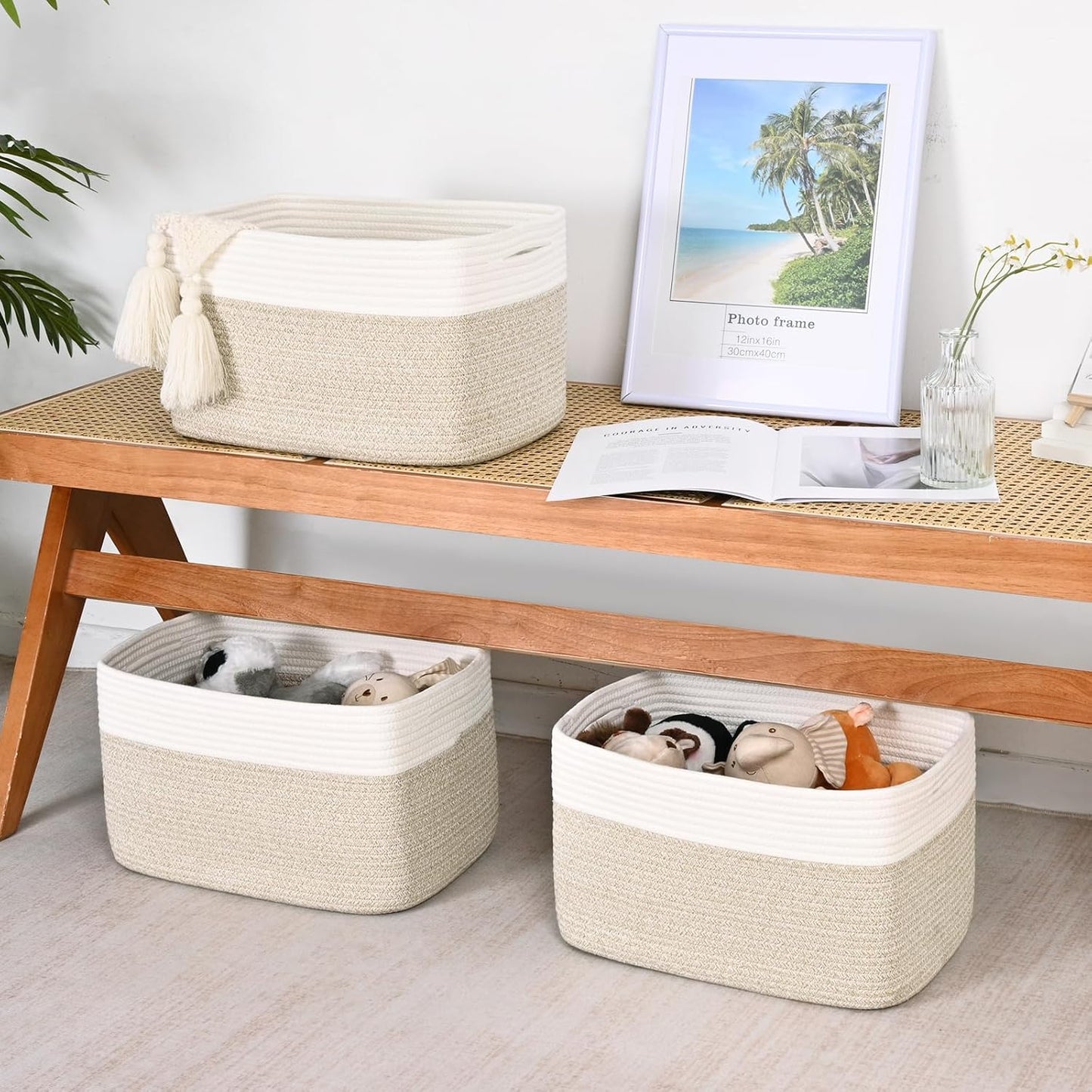 Shelf Baskets for Organizing, Woven Storage Basket for Shelves, Cotton Rope Storage Bins for Toys Books, Nursery Towel Baskets for Classroom, 14.96"X9.8"X8.85", 3-Pack White/Brown