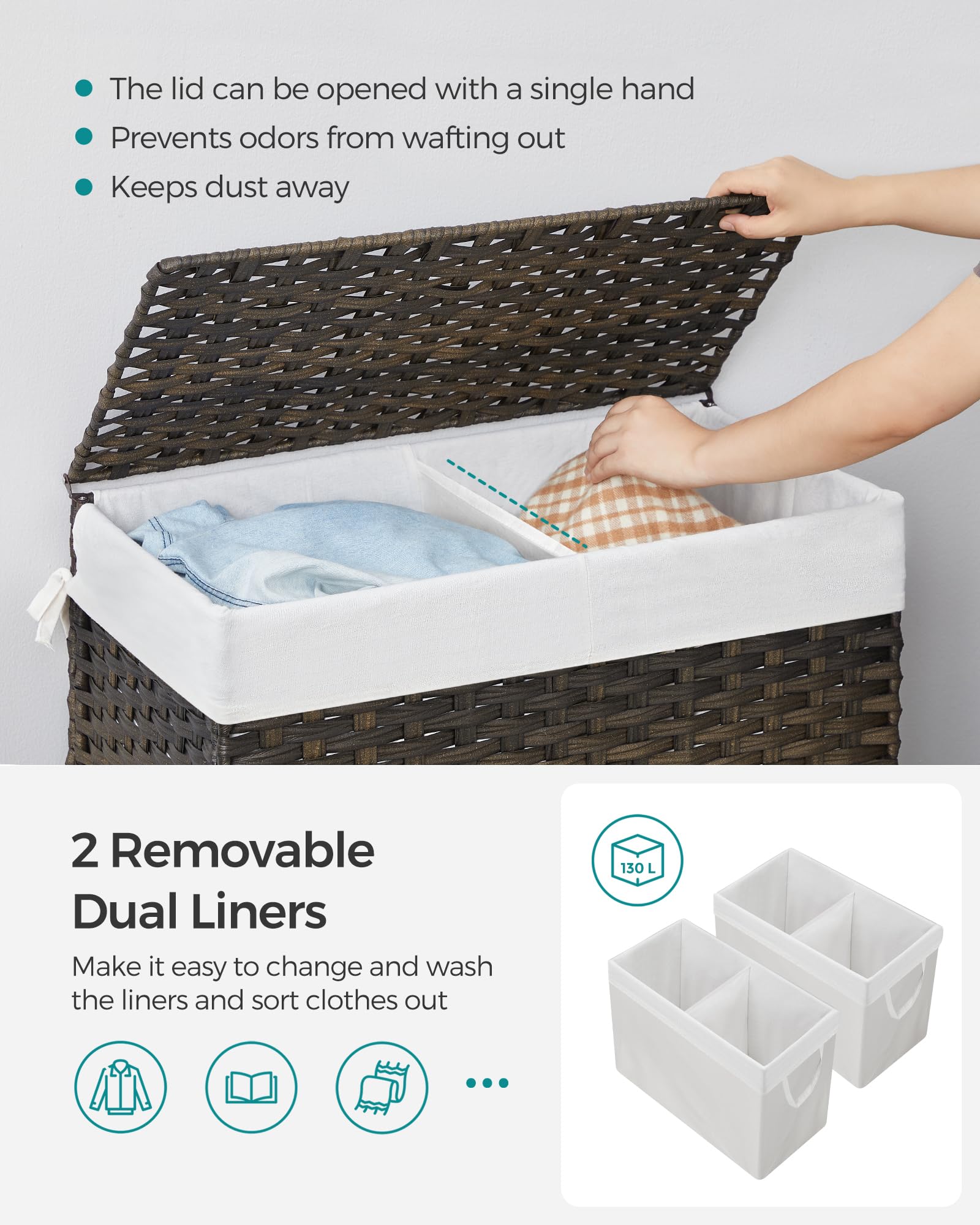 SONGMICS Laundry Hamper with Lid, 130L Wicker Laundry Basket