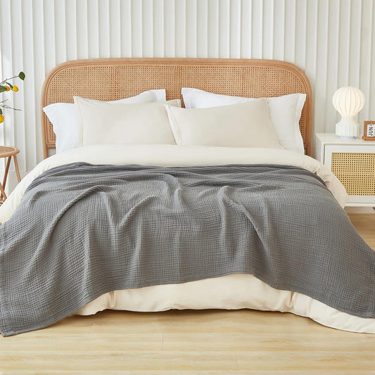 EMME Cotton Muslin Blanket King Size - Soft, Breathable Layering Blanket, 108"x90", All Season Gauze, Grey