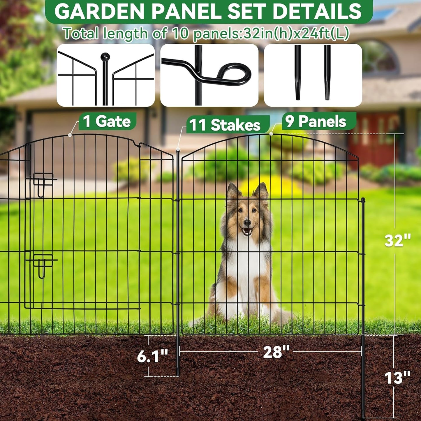 No Dig Decorative Garden Fence with Gate 32in (H) x 24ft (L), 9 Panels + 1 Gate +11 Stakes, Temporary Dog Fencing Outdoor, Rustproof Metal Arched Animal Barrier for Yard, Patio, Flower Bed, Landscape