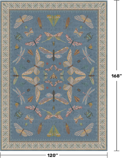 Blue Boho Rugs for Living Room - 10x14 Extra Large Area Rug for Dining Room, Bedroom, Playroom, Guest Room, Colorful Insect Low Pile Home Décor
