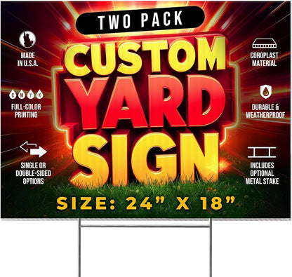 2 Pack 24"x18" Custom Yard Signs with Stakes, Personalized Yard Signs for Outdoors, Customized Full Color Print Corrugated Signs for Business