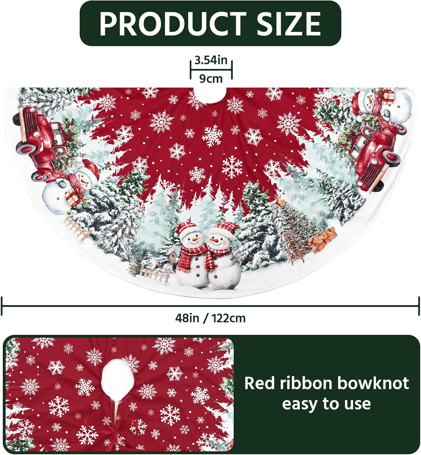 Christmas Tree Skirt 48 Inch, Red Snowman Trucker Xmas Tree Skirts, Winter Christmas Trees Mat for Home Party Holiday Indoor Outdoor Decorations
