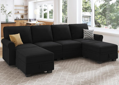 HONBAY Sectional Sofa with Storage Seat Velvet U Shaped Couch with Reversible Chaise Convertible Sectional Couches for Living Room,Black Velvet