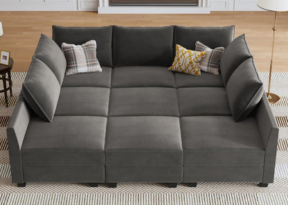 HONBAY Velvet Sectional Sofa Couch with Storage - Modular Sleeper for Living Room, Grey