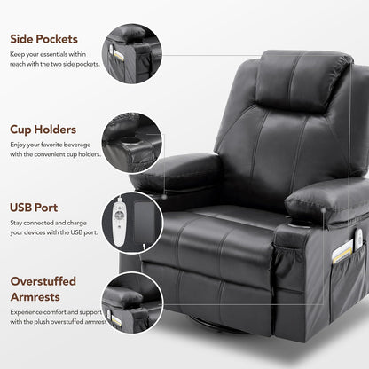 Swivel Rocker Recliner Chair with Heat and Massage, 360 Degree Swivel Rocking Single Sofa with Cup Holders and USB Port, Large Big Recliner Chair for Living Room (Leather, Black)