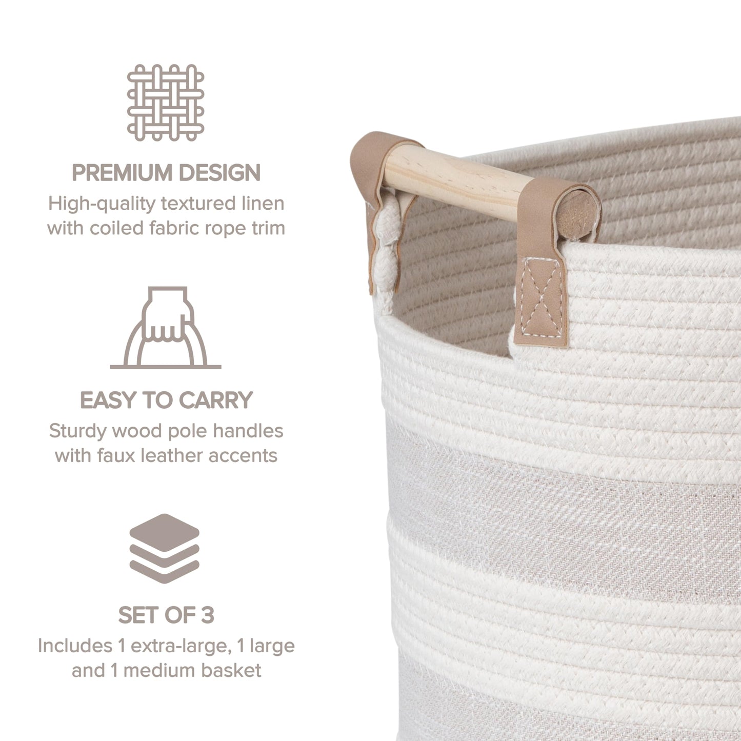 RGI Home Storage Baskets for Organizing, Textured Linen and Fabric Rope, Set of 3 Oval Decorative