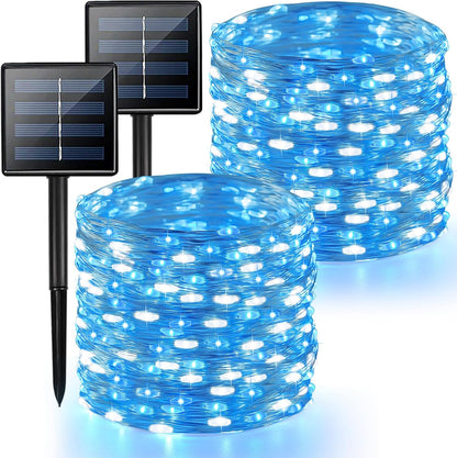2 Pack Blue and White Solar String Lights Outdoor, 80FT 200 LED Waterproof Silver Wire Fairy Light, 8 Modes Solar Twinkle Light for Christmas Wedding New Year Independence Day Patio Fence Tree Decor