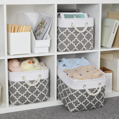 Bidtakay Basket Storage Bins Baskets for Organizing Set of 3 Collapsible Cloth Storage Linen Closet Organizer 15 X 11 X 9.5 Inches Large Foldable Baskets for Shelves (White&Quatrefoil Grey)