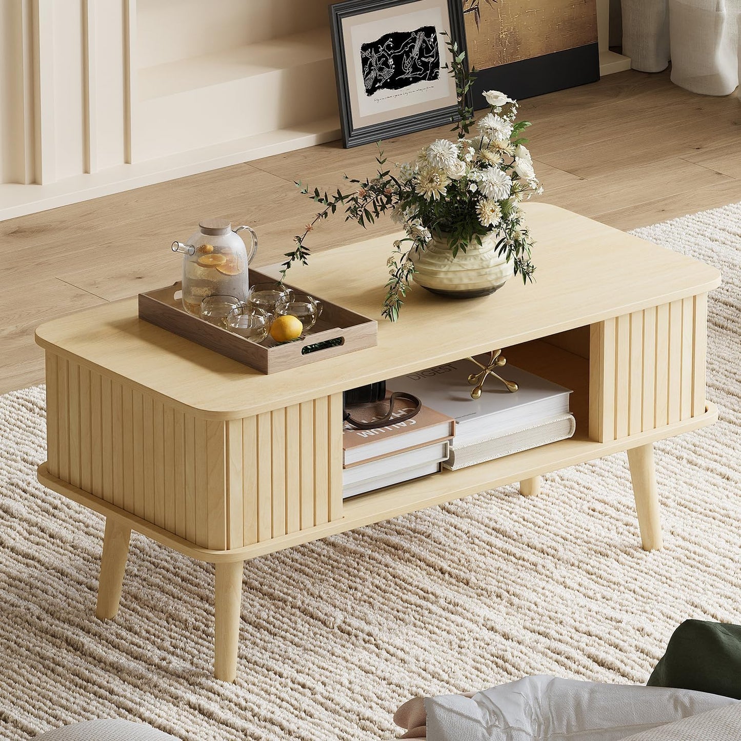 LAZZO Coffee Table with Storage Center Table for Living Room Rectangle Coffee Table with Rounded Edges,Easy Assembly, Natural Wood