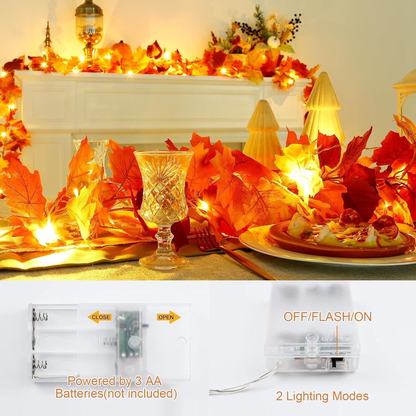 Joyhalo 4 Pack Fall Garland with Lights, Fall Leaves for Mantle, Outdoor Lighted Up Leaf Garland Autumn Decor with 6.5FT LED String Lights, Hanging Maple Leaves for Door, Thanksgiving Decor