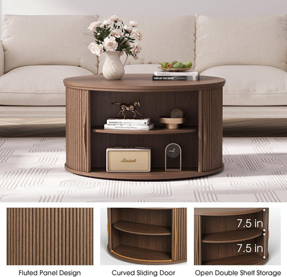 Round Coffee Table with Lifting Top,31.5”Mid Century Modern Lift Top Coffee Table with Hidden Compartment,Fluted Small Center Table for Living Room,Walnut