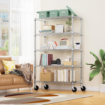 5-Shelf Storage Shelves,Wire Shelving Heavy Duty Metal Storage Shelving Unit Adjustable Garage Shelving Rack Pantry Kitchen (Chrome, 5 Tier,17.7" D x 47.2" W x 76.7" H)