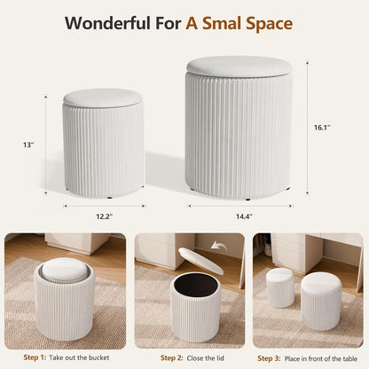 Ottoman with Storage Set of 2, Velvet Storage Ottoman, Upholstered Sponge Vanity Stool Support 300lbs, Multifunctional Coffee Table Foot Rest Ottomans for Living Room Bedroom, White