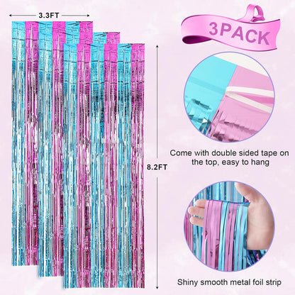 3 Pack 3.3x8.2 Feet Blue and Pink Foil Fringe Backdrop Curtains, Tinsel Streamers Birthday Party Decorations, Fringe Backdrop for Graduation, Baby Shower, Gender Reveal, Disco Party