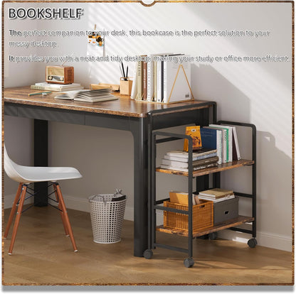 4NM 2 Tiers No-Assembly Folding Bookshelf with Wheels, Portable Rolling Storage Bookcase & Compact Side Table for Living Room, Bedroom, Kitchen, Bathroom (Rustic Brown and Black)