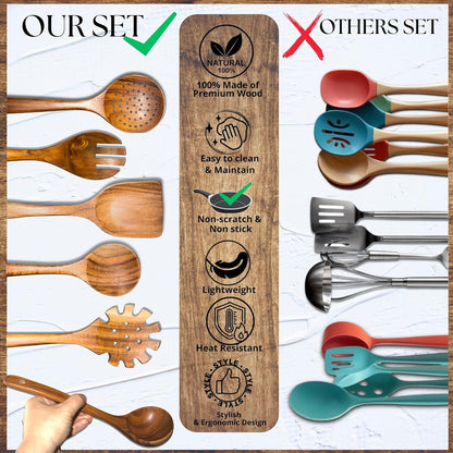 Wooden Spoons for Cooking - 8 Piece Natural Teak Kitchen Utensil Set Non Toxic - Teak Wooden Utensils with Spoon Rest and Holder
