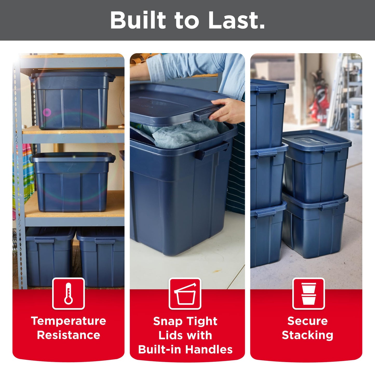 Rubbermaid Roughneck Tote 18 Gal, 6 Pack, Made in USA, Dark Indigo Metallic, Rugged Plastic