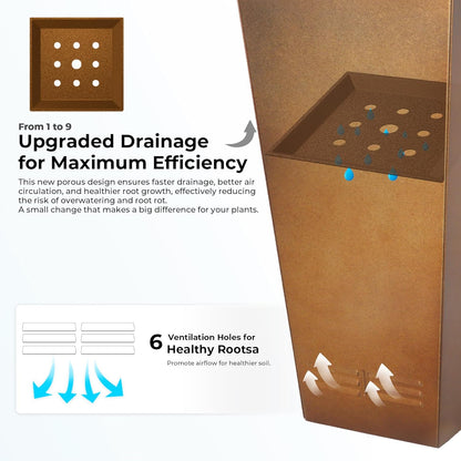 Worth Garden 28" H. Large Metal Planter Set of 2, Classic Matte Bronze Retro Finish Tall Square Tapered Steel Flower Plant Pots for Indoor & Outdoor Use - Insert Plate with Drain Holes, Air Vents