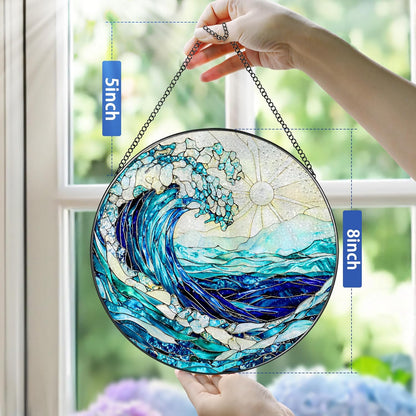 Stained Glass Window Hanging, 8 Inch Ocean Waves Stained Glass Suncatcher, Window Hanging Decor, Beach Decor, Ocean Suncatcher Gift, Beach Lover Gift, Gifts for Couples Friends Family