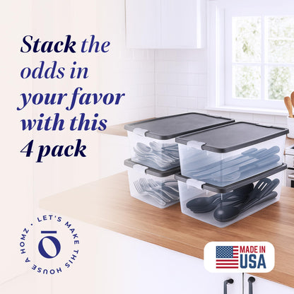 HOMZ 4-Pack Secure Latch, Clear Plastic Storage Organizer Bins, 15 Quart, Gray Lid - Stackable