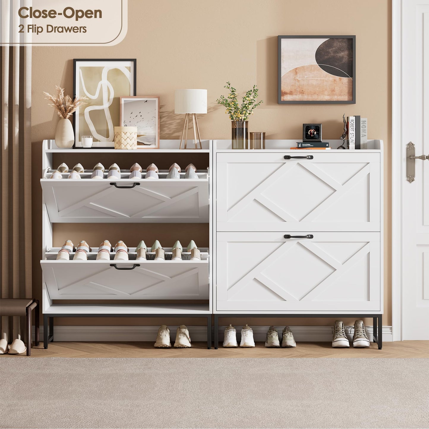 Nicetree Shoe Storage Cabinet with 2 Flip Drawers, Freestanding Shoe Organizer, Shoe Cabinet with