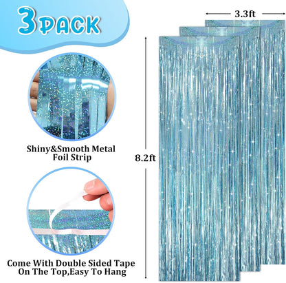 3 Pack 3.3 x 8.2 ft Laser Blue Foil Fringe Backdrop Curtains, Tinsel Streamers Party Decorations, Fringe Backdrop