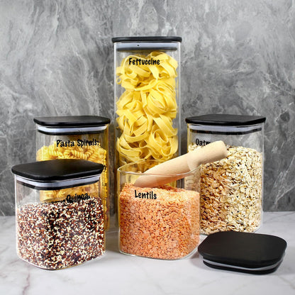 Urban Green Glass Jars with Black Bamboo Lids, food storage sets with airtight black lids, Glass Canisters Sets, Kitchen Organizing Jars (5 Sets of 27oz, 38oz, 66oz)