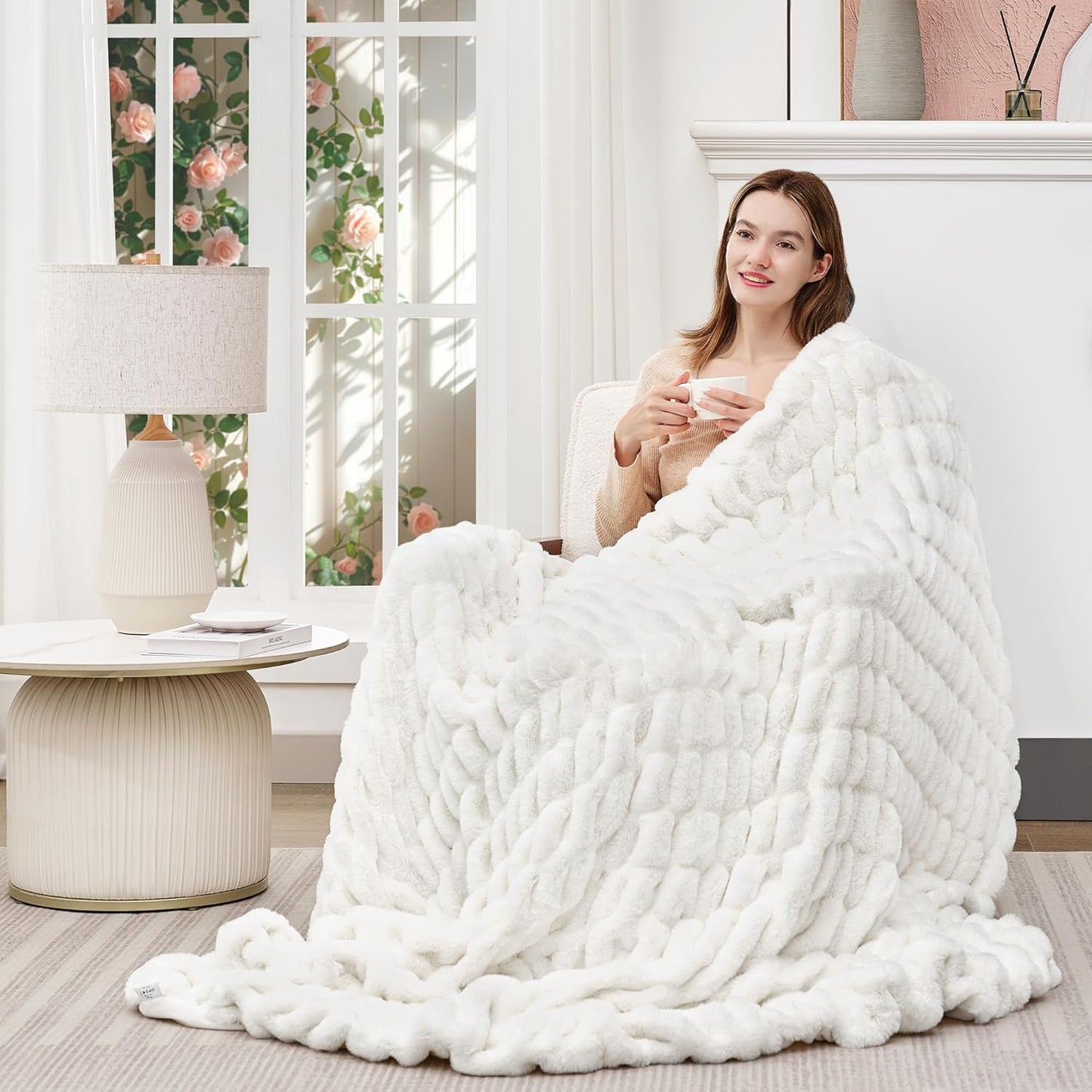 Touchat Ruched Faux Rabbit Fur Blanket, 700 GSM Luxury Dual-Sided Soft Cozy Blanket, Fuzzy Fluffy Plush Throw for Bed, Couch and Sofa - 60"x80", Cream White