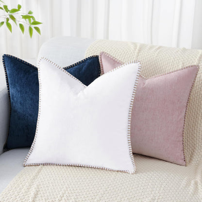 decorUhome Chenille Soft Throw Pillow Covers 12x20 Set of 2, Lumbar Velvet Farmhouse Neutral Decorative Euro Pillow Covers with Stitched Edge for Couch Sofa Bed Home Decor, White