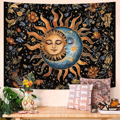 Aipon Sun and Moon Tapestry for Bedroom Boho Vintage Floral Hippie Wall Tapestry Aesthetic Retro Flower Plant Small Tapestries Wall Hanging for Living Room Dorm Decor 48 x 36 Inch