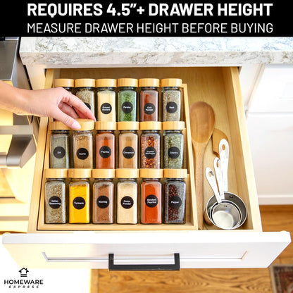 Extra Sturdy 3-Tier Bamboo Spice Rack – 12" W x 10" D x 13" H – Foldable Non-Slip Wooden Spice Organizer for Countertop, Cabinet & Drawer – Includes Labels, Funnel & Hooks – Spice Jars NOT Included