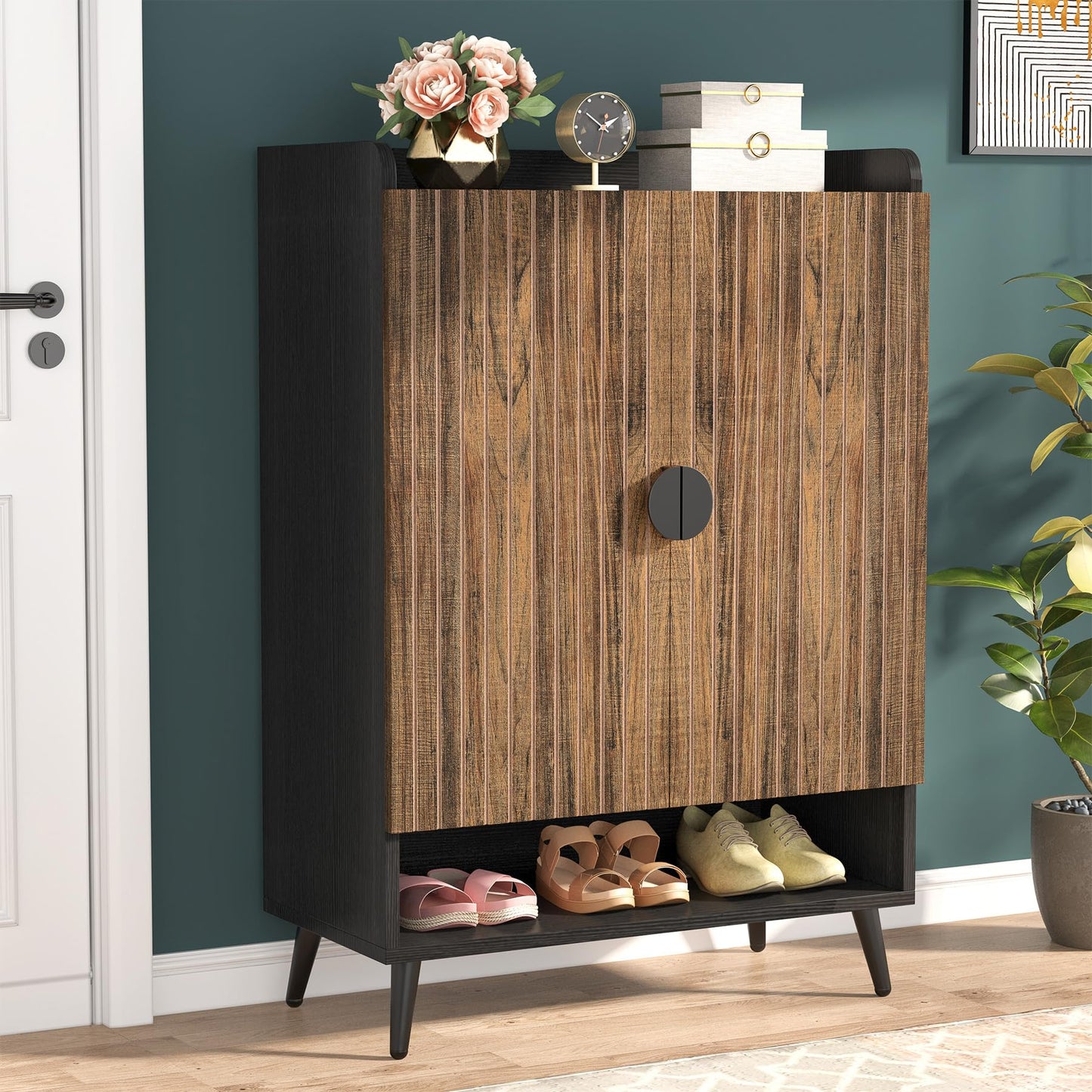 Tribesigns Shoe Cabinet with Doors, 7-Tier Shoe Storage Cabinet with Adjustable Shelves, Wooden