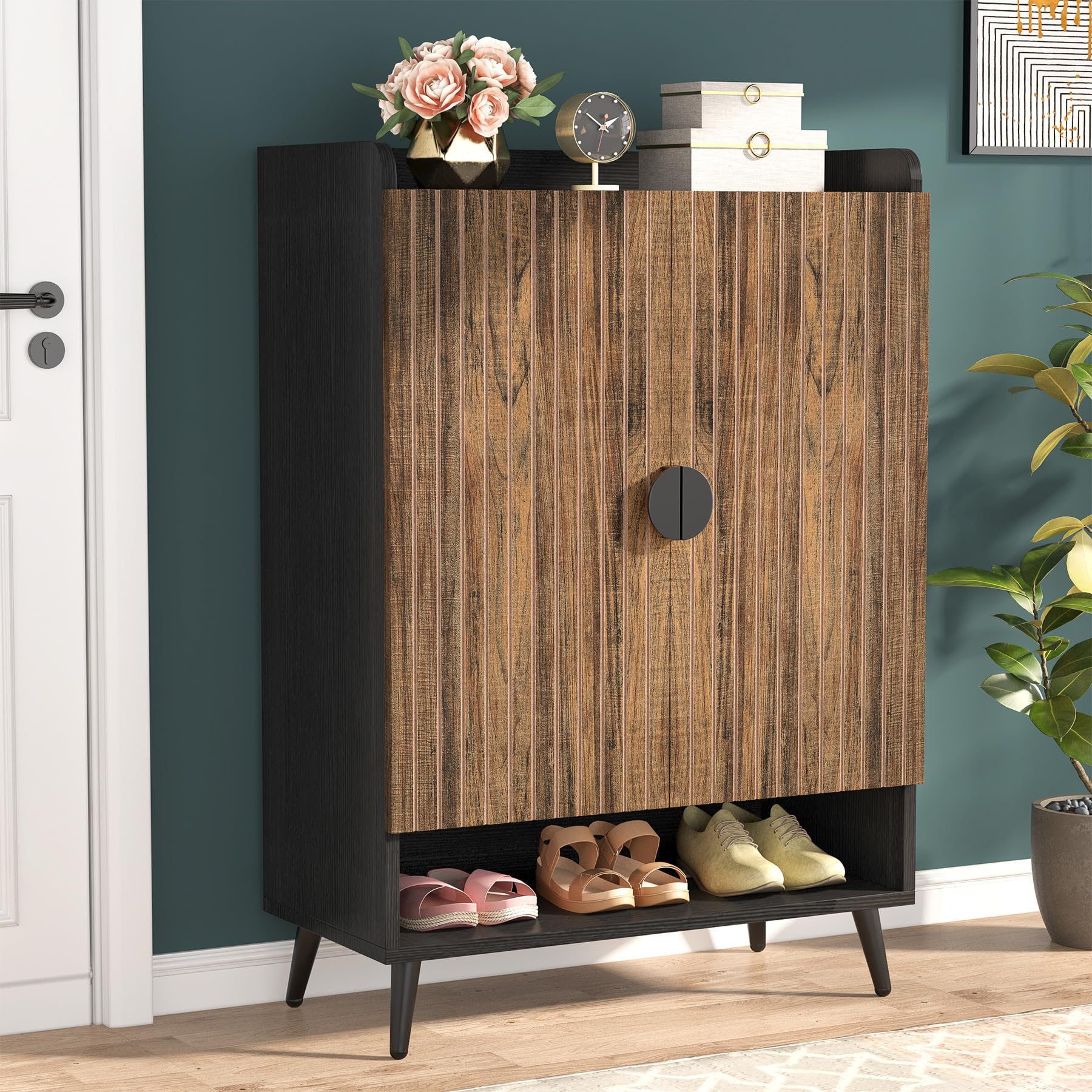 Tribesigns Shoe Cabinet with Doors, 7-Tier Shoe Storage Cabinet with Adjustable Shelves, Wooden
