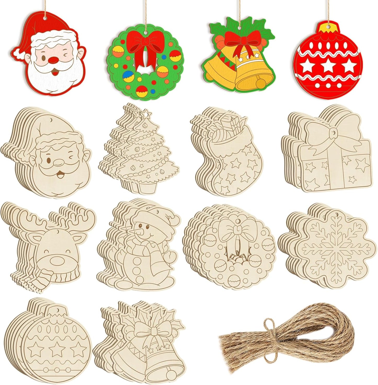 80PCS Wooden Christmas Ornaments to Paint,10 Styles DIY Blank Unfinished Reindeer Santa Claus Christmas Tree Ball Snowman Snowflake Wreath Gift Christmas Stocking Cutouts Ornament for Crafts Winter
