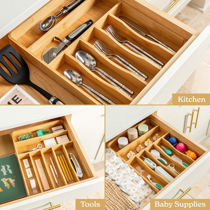 SMIRLY Silverware Drawer Organizer – Bamboo Kitchen Drawer Organizer, Adjustable Utensil Holder and Cutlery Tray, Drawer Dividers for Flatware and Kitchen Utensils