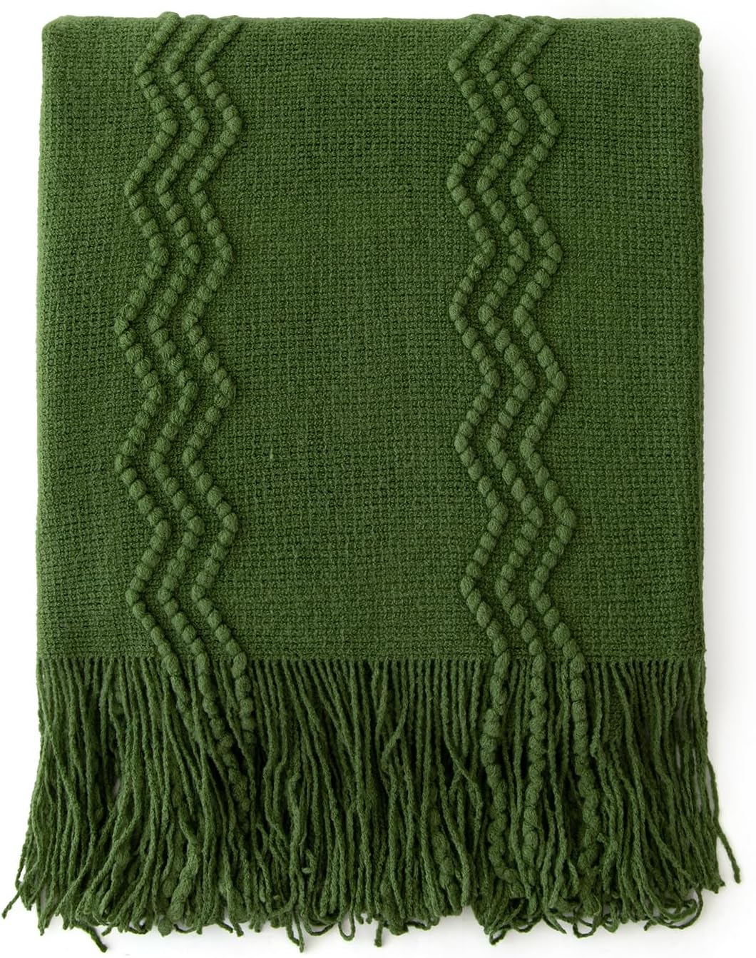 MIULEE Olive Green Knitted Throw Blanket for Couch Boho Textured Cozy Woven Blanket with Tassels for Sofa Chair Bed Living Room Spring Acrylic Wave Pattern 50"x60"