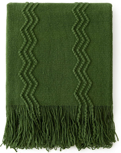 MIULEE Olive Green Knitted Throw Blanket for Couch Boho Textured Cozy Woven Blanket with Tassels for Sofa Chair Bed Living Room Spring Acrylic Wave Pattern 50"x60"