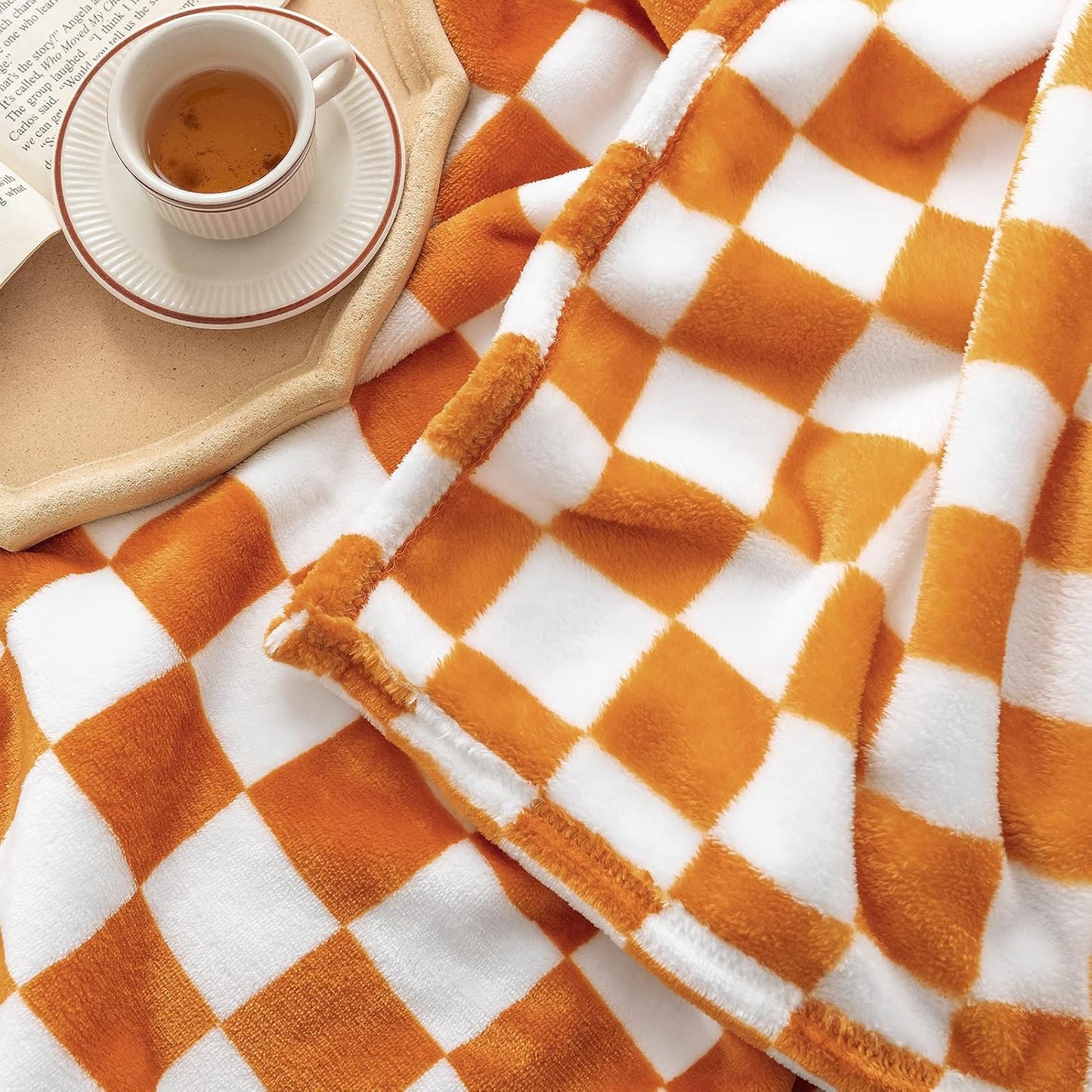 LOMAO Throw Blankets Flannel Blanket with Checkerboard Grid Pattern Soft Throw Blanket for Couch, Bed, Sofa Luxurious Warm and Cozy for All Seasons (Orange, 50"x60")