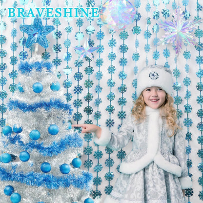 BRAVESHINE Blue Party Snowflake Backdrop - 2 Pack Hanging Foil Fringe Snow Flakes Party Streamers Curtain for Christmas Winter-Themed Frozen Birthday Baby Shower Holiday New Year Party Decorations