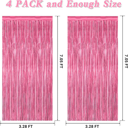 4 Pack Birthday Decorations, 3.28 FT x 7.05 FT Pink Backdrop, Metallic Happy Birthday Backdrop Fringe Curtains Party Streamer, Bachelorette Party Decorations Princes Birthday Party Decor