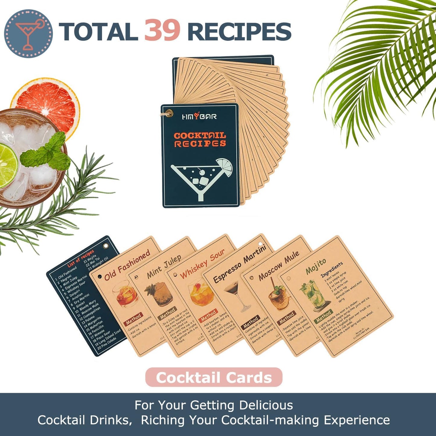 HMYBAR® Mixology Bartender kit | Cocktail Shaker Set | Boston Shaker Set, 20/28 OZ | Martini Making Set for Home Bar.Total 31 pcs incl 39-Recipe Cocktail Cards. Silver Tools. Bamb Stand Natural Color