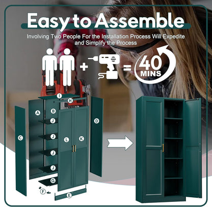 71" Storage Cabinet, Metal Pantry Cabinet, Kitchen Pantry Storage Cabinets with Doors and 4 Shelves, Cabinets for Laundry Room, Living Room, Dinning Room, Assembly Required, Green