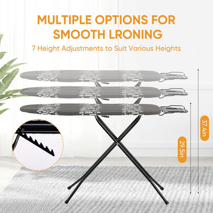 Deluxe Ironing Board with Heat Resistant Cover and Thicken Felt Pad, Safety Iron Rest, 4 Premium Steel Legs, Height Adjustable,Foldable